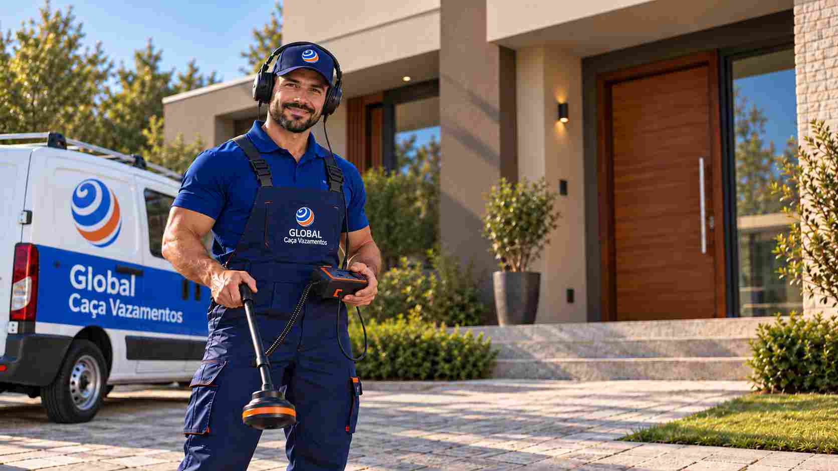 Técnico da Global Caça Vazamentos com equipamento de detecção